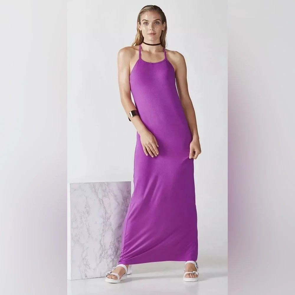 NWT Fabletics Neema XS Purple Racerback Stretch Maxi Dress Open Back
